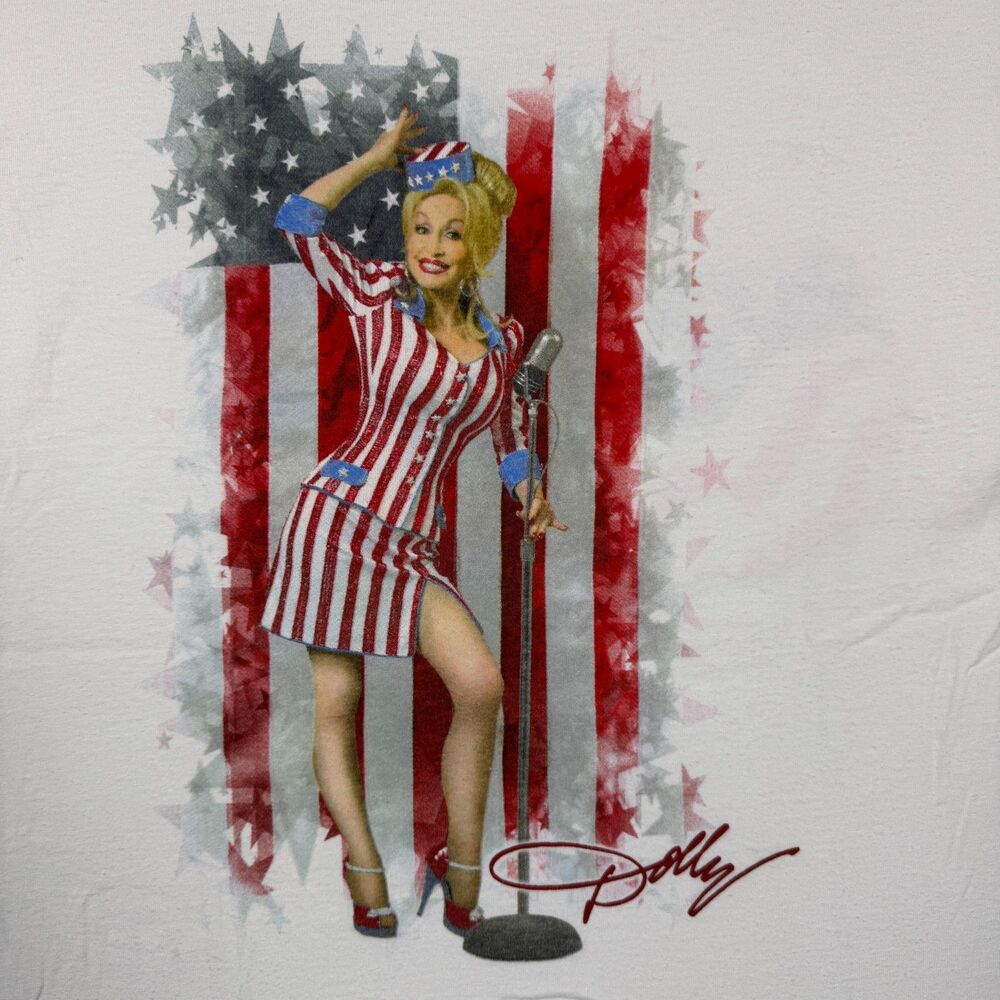 Vintage Dolly Parton WW2 Style Pin Up Model USA Flag Y2K Tour Concert TShirt - L - Picture 3 of 7